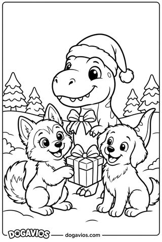 Un gentil tyrannosaure en bonnet de Père Noël derrière Pigúiça et Fofuxo qui tiennent un cadeau, sous la neige