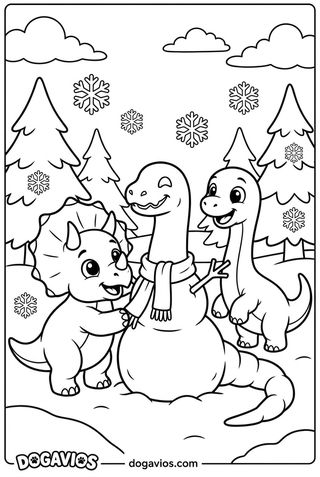 Deux bébés dinosaures construisent un bonhomme de neige en forme de dinosaure avec une écharpe, entre les sapins