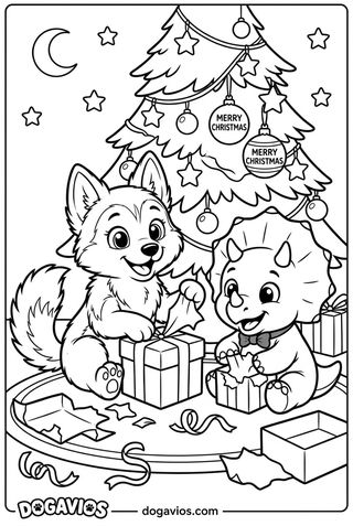 Pigúiça et un bébé tricératops ouvrent des cadeaux devant le sapin, au milieu du papier déchiré et des rubans