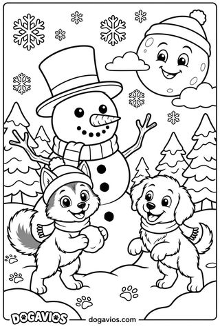 Un bonhomme de neige souriant avec chapeau, écharpe et nez de carotte fait coucou dans un champ de sapins