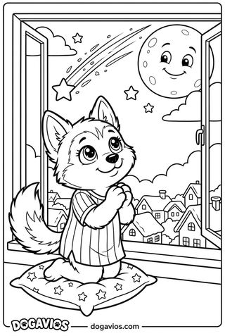 Pigúiça regarde par la fenêtre une étoile filante la nuit de Noël, avec la lune et des toits enneigés
