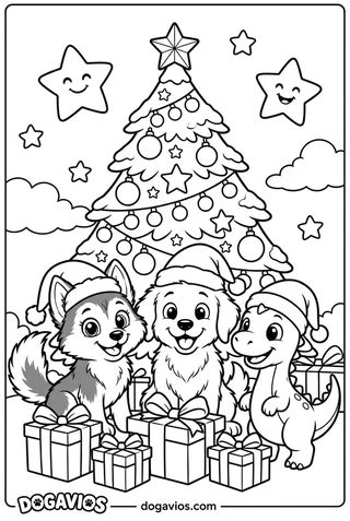 Pigúiça, Fofuxo et un dinosaure posent en bonnets de Père Noël devant un sapin avec des cadeaux et une étoile