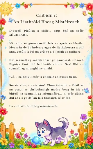 An chéad leathanach den leabhar Dogavios: dúisíonn Pigúiça agus tá an spéir mícheart
