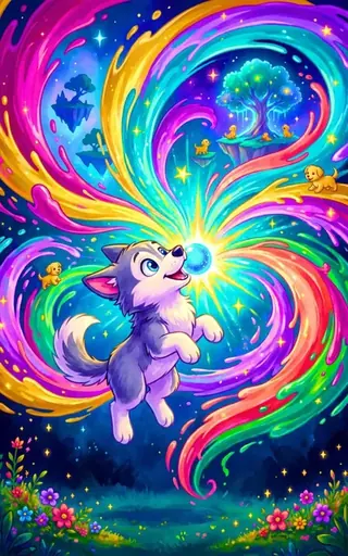 Illustration ur Dogavios: Pigúiça flyger in i en virvel av färger